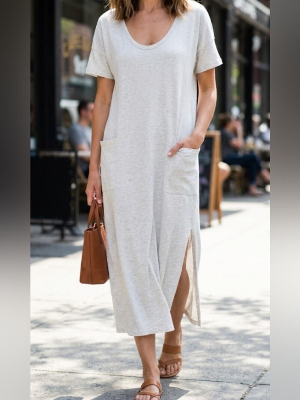Short Sleeve Side-Slit Shirt Maxi Dress in Light Heather Grey (Sz S) Casual Soft